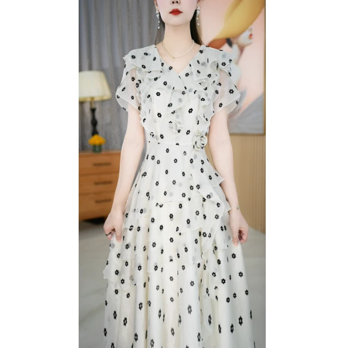 【连衣裙】夏季新款方领纯色花点法式轻薄减龄中长款连衣裙M-4XL