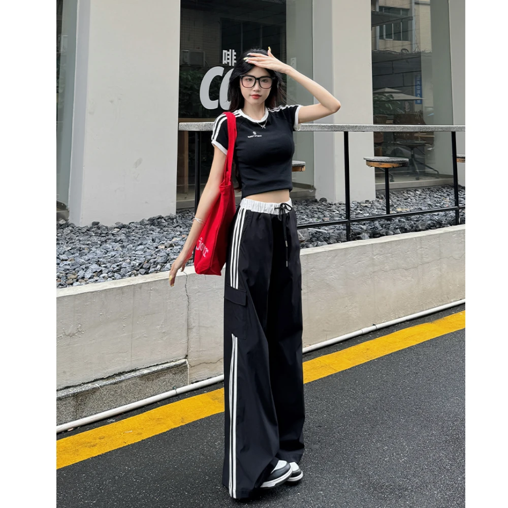 2025夏季新款设计感条纹百搭休闲裤显瘦宽松户外运动直筒工装裤