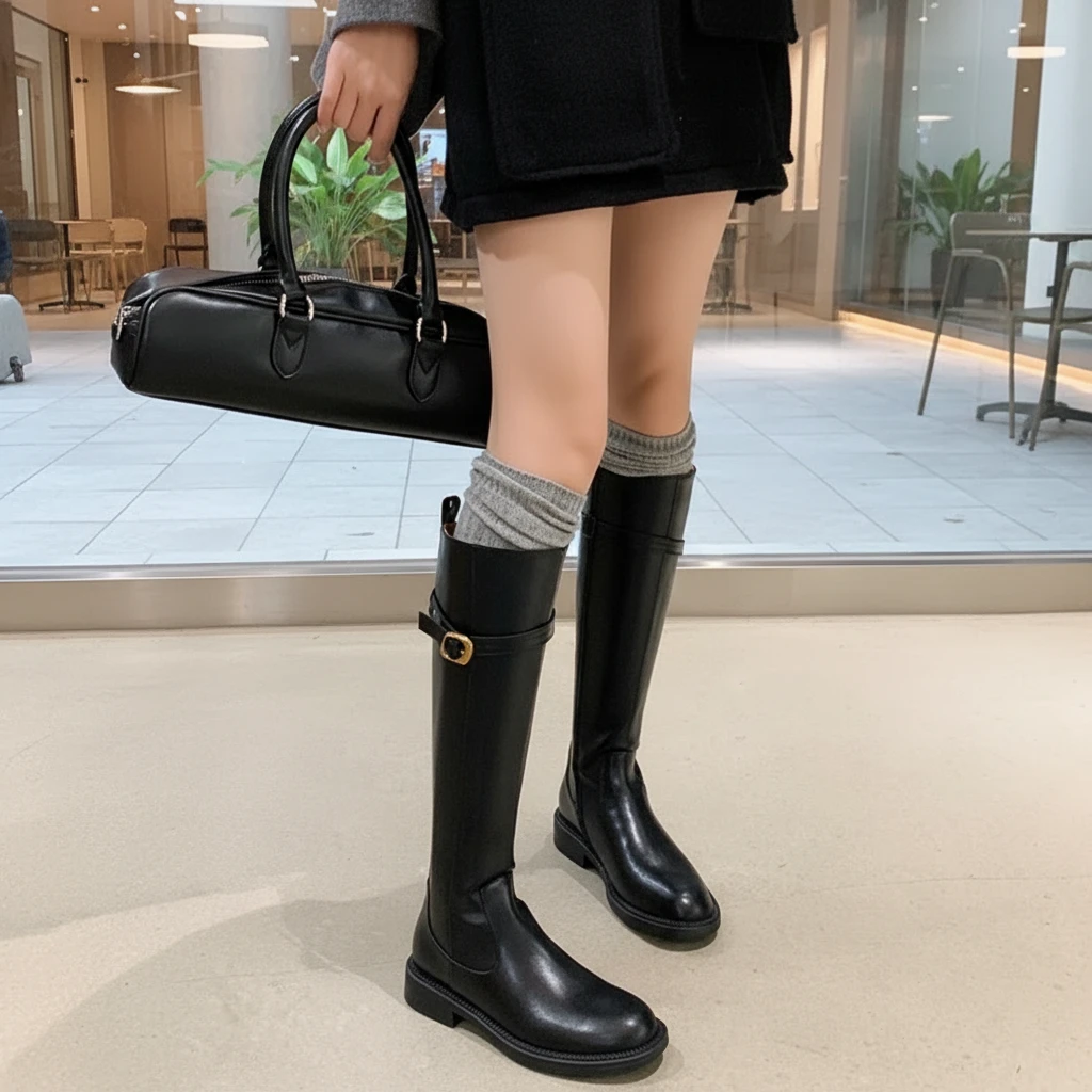 DN2025秋冬新款厚底粗跟小金扣高筒骑士靴显瘦气质百搭长筒靴子女