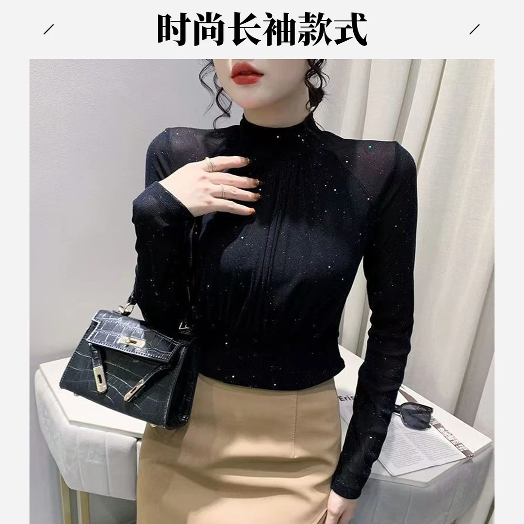 洋气女高领小衫时尚秋冬洋气内搭打底衫长袖网纱蕾丝冬季加绒