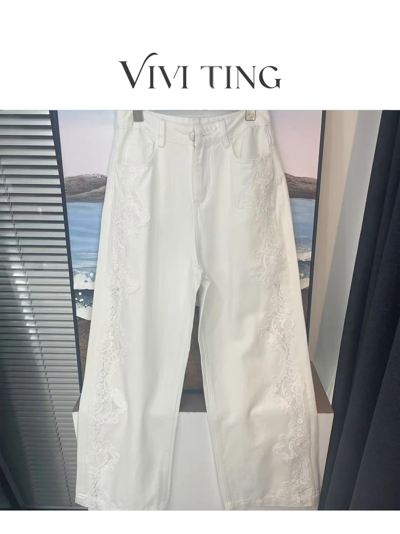 【VIVI·TING】婷姐推荐春季新款时尚两侧拼接蕾丝花边白色牛仔k455