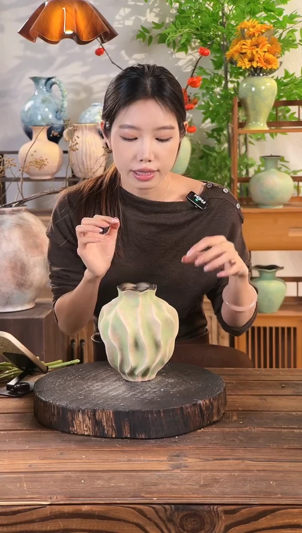 【苔点绿-丝瓜纹小号】无孔水培桌面陶瓷花瓶干花鲜花