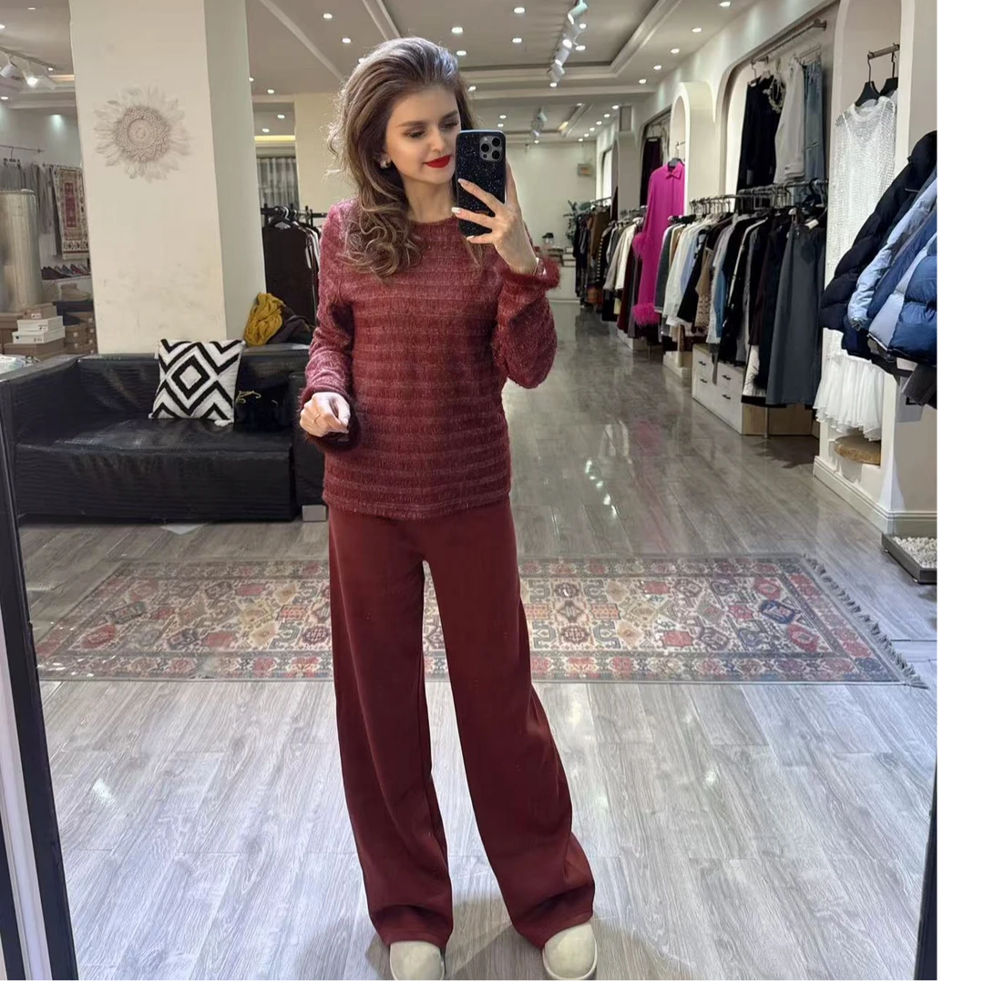 2024年自家原创设计袖子带毛圆领流行颜色阔腿裤子两件套套装