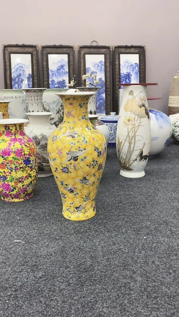 摆件黄色扒花高43CM仙鹤鱼尾瓶+旋转底座