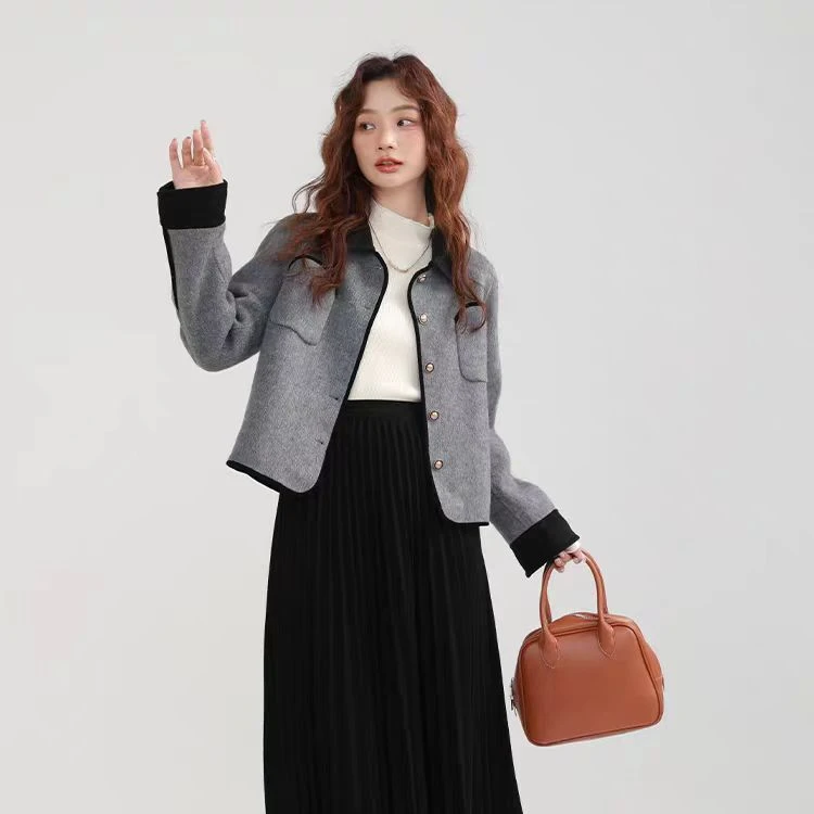 航邦祺小香风短款斜纹双面呢羊毛外套BQY024