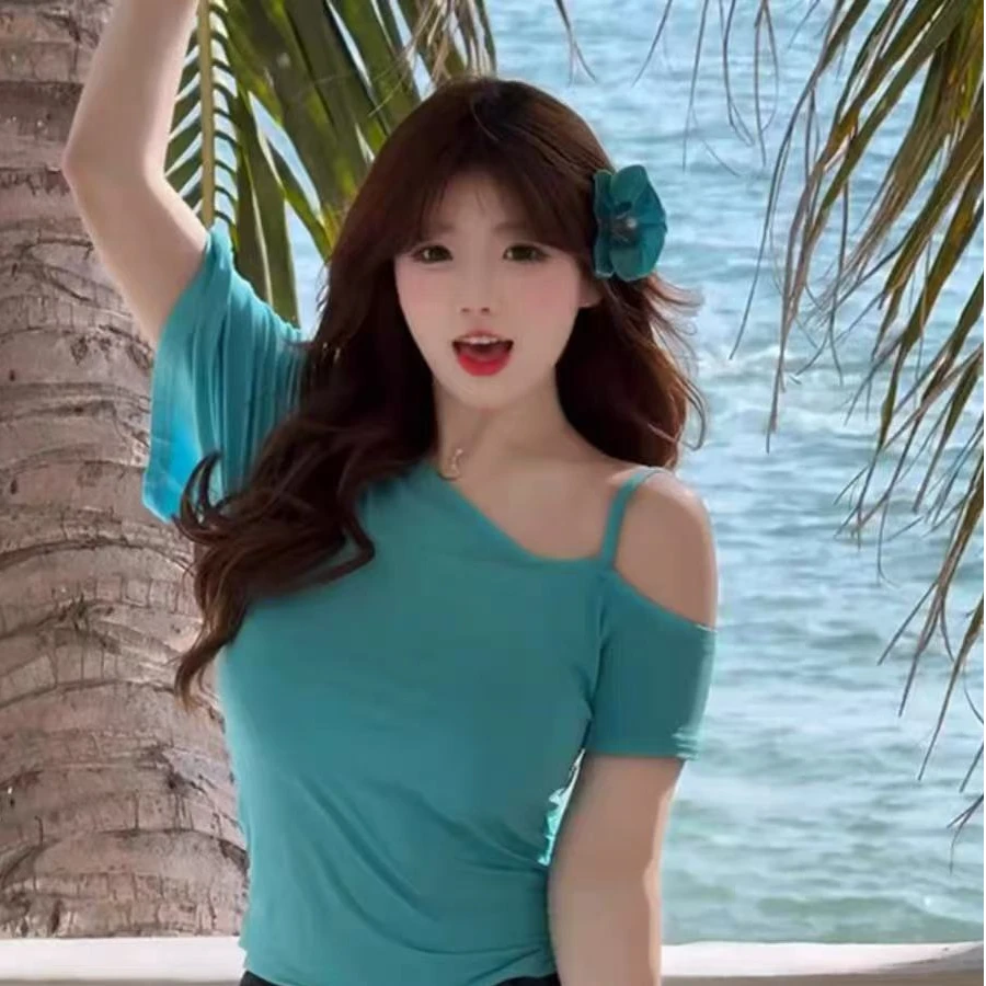 纯欲风辣妹斜领露肩短袖T恤女夏季新款性感修身显瘦辣妹装上衣女