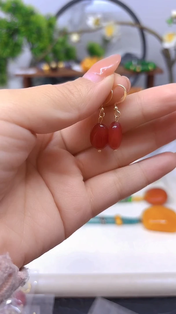 14K金镶嵌耳饰红色碧玺E421