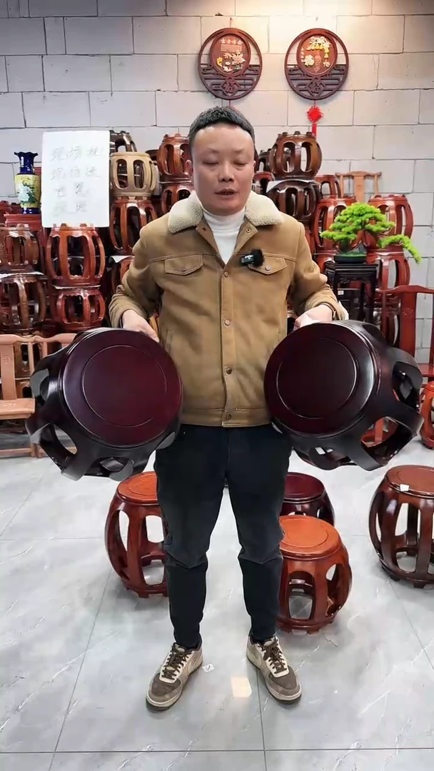 【闪购商品】花梨木类家具花梨木酸枝色大号鼓凳一对