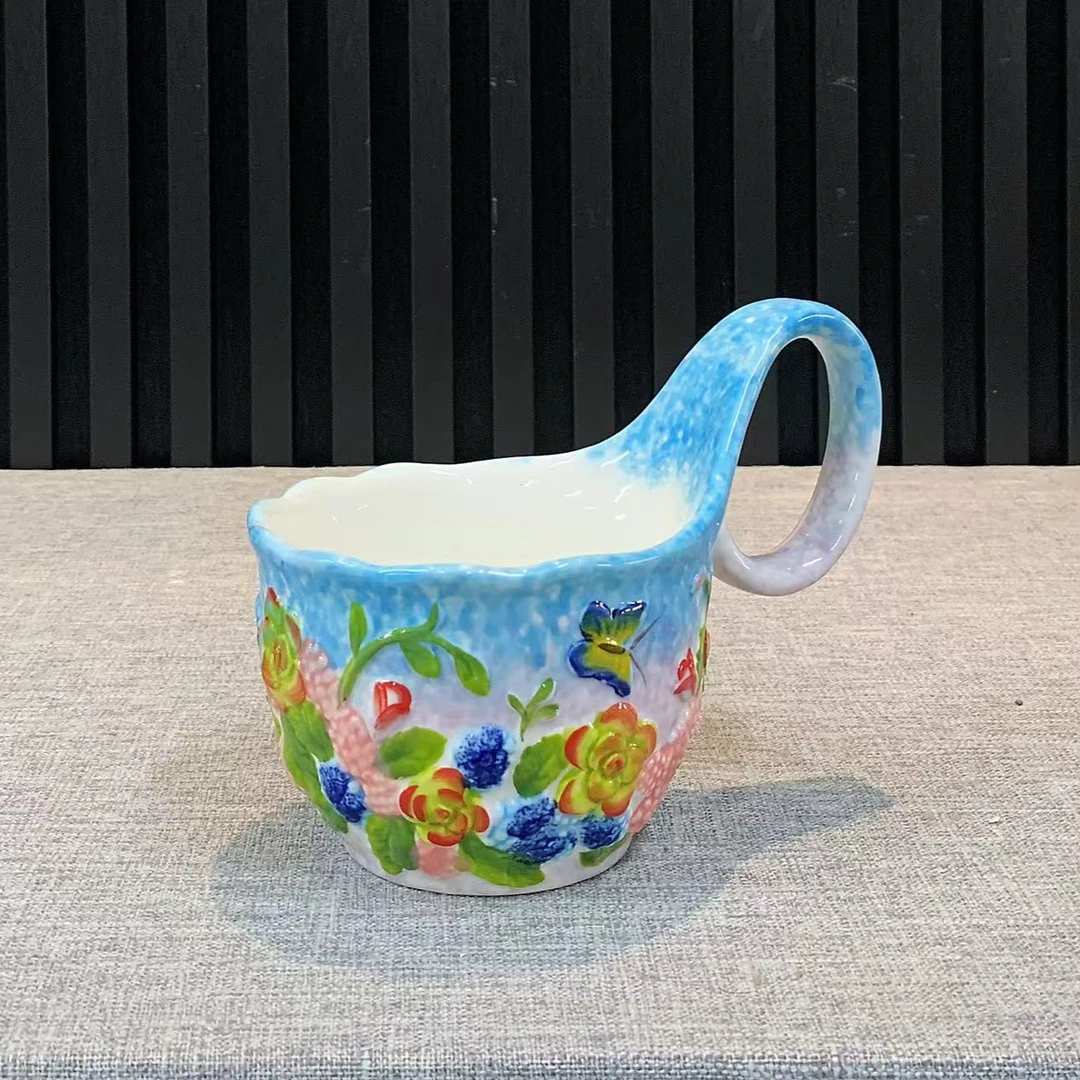 手绘蝶恋花浮雕曲把杯早餐杯单杯