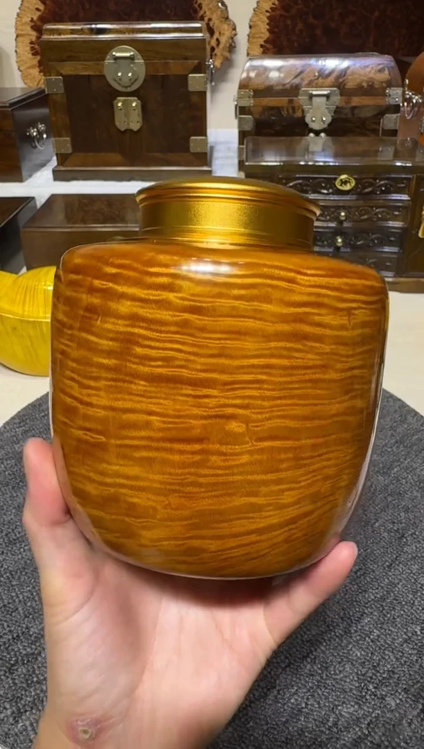 金丝楠木老料满水波铜盖茶叶罐
