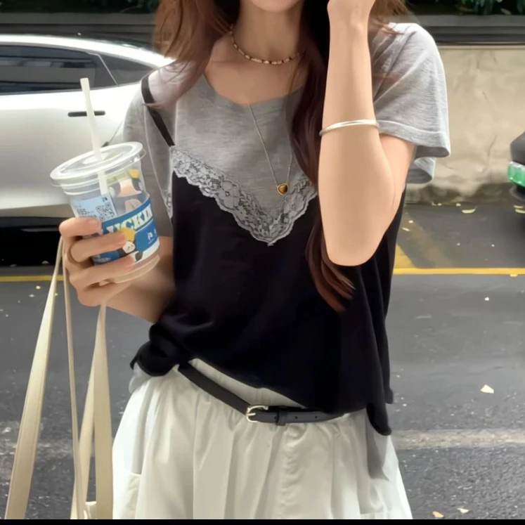设计感气质蕾丝假两件针织上衣新款女款短袖针织衫休闲日常百搭