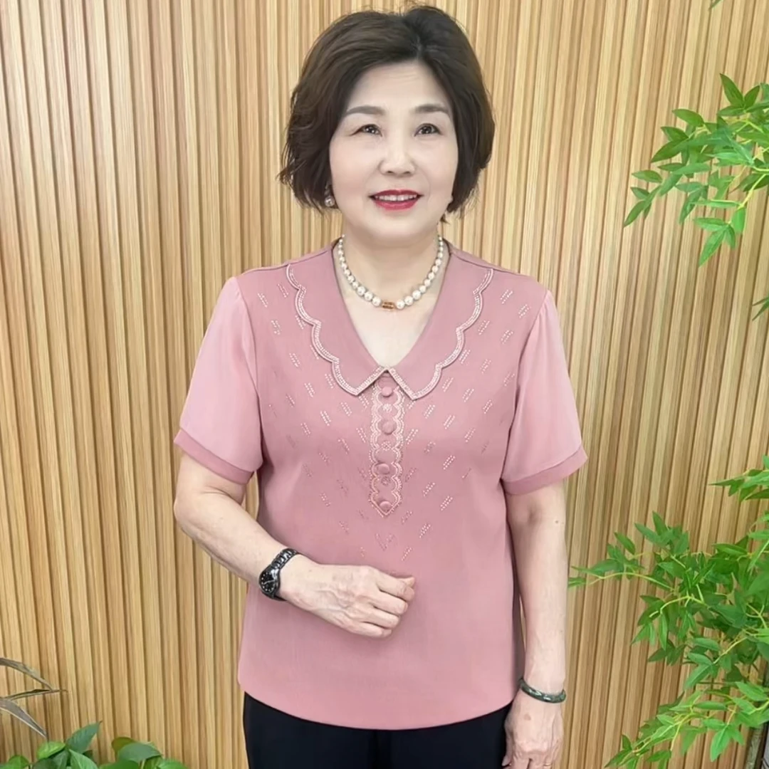 POLO领纯色烫钻百搭中老年女装打底衫夏装百搭大码V8766