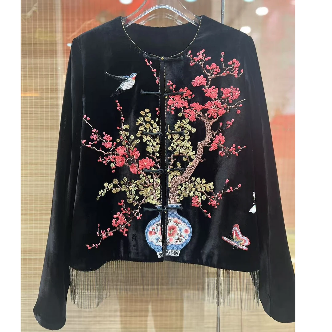 YUNSHUIHE/云水禾鹊上枝头新中式黑色刺绣外套-WS250175