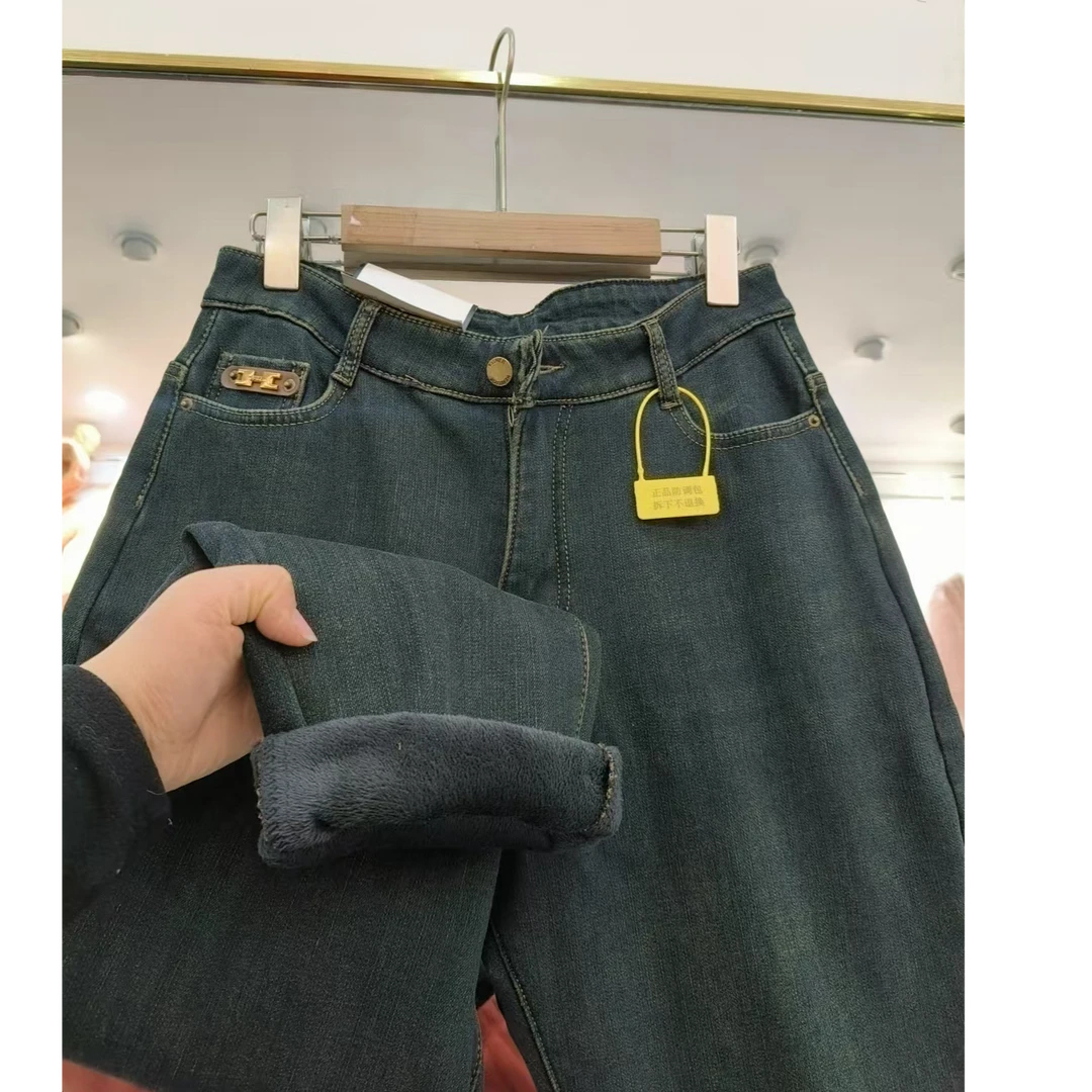 50505#秋冬新款休闲百搭加绒直筒烟管牛仔裤