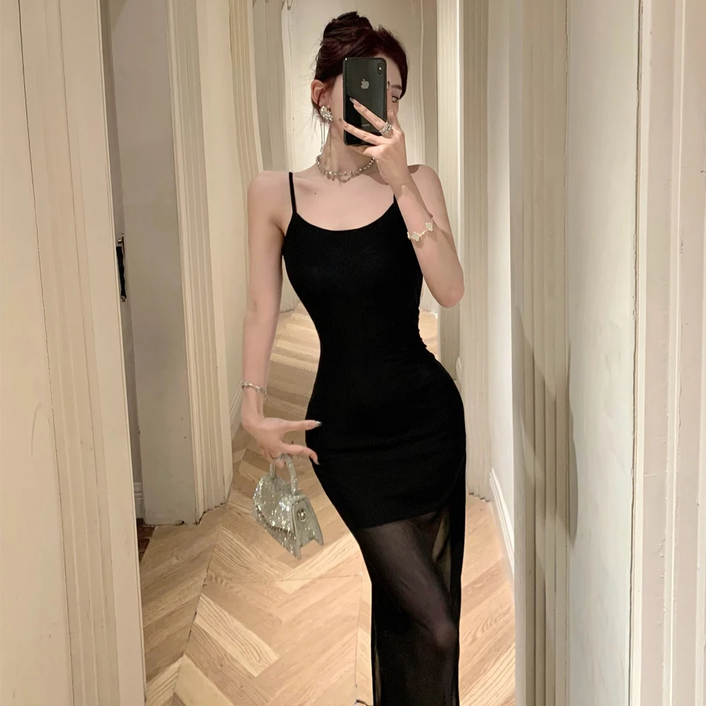 黑色吊带裙女夏时尚辣妹性感紧身收腰显瘦百搭长款网纱包臀连衣裙