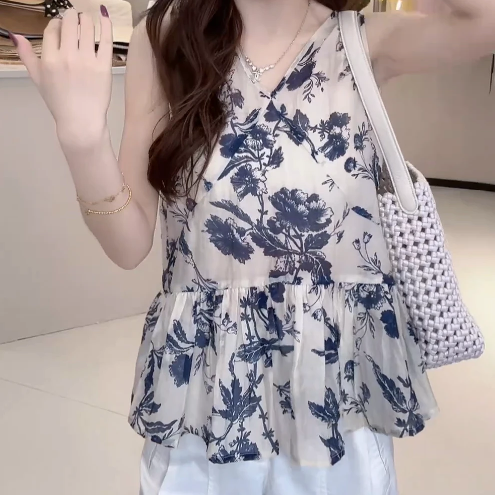夏季V领法式宽松型韩版极简风设计感衬衫碎花百搭C5268