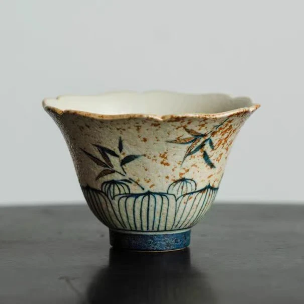 竹影青花火石红描金纯手绘茶杯陶瓷茶具凌瓣杯