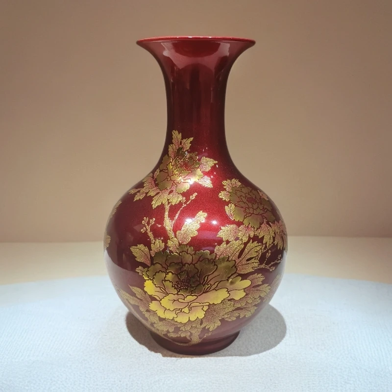 （高23公分）景德镇陶瓷器中国红色水晶釉金沙牡丹红赏瓶装饰品摆件