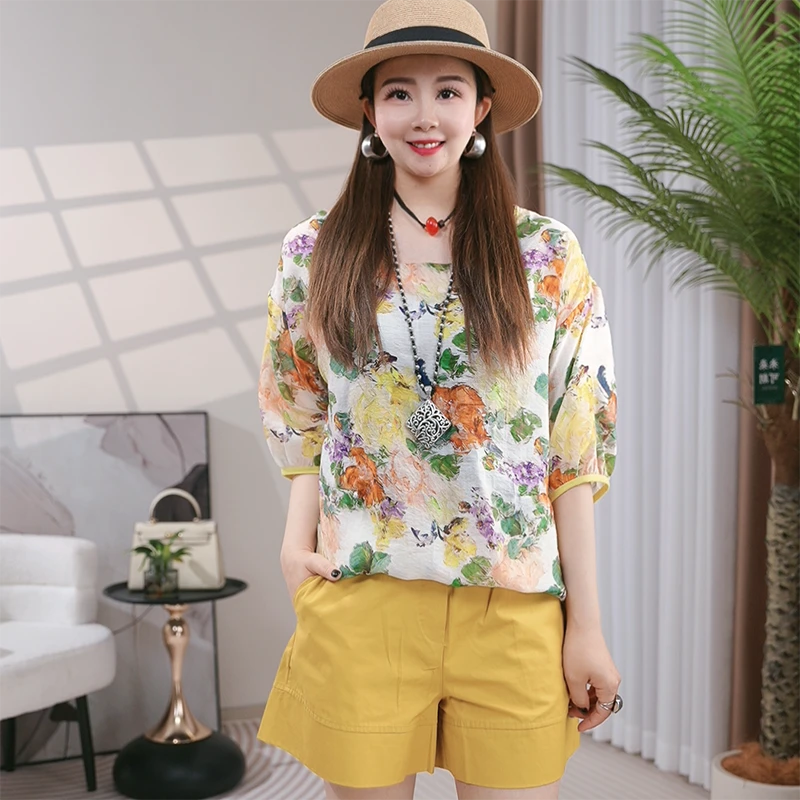 时尚宽松显瘦印花衬衫女短袖2025年夏季新款气质减龄洋气小衫上衣