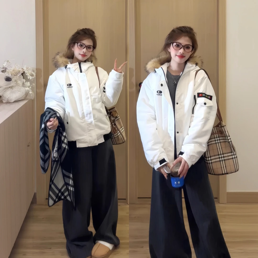 冬装羽绒棉服女款2025冬季新款加厚棉衣大毛领派克服韩系情侣棉袄