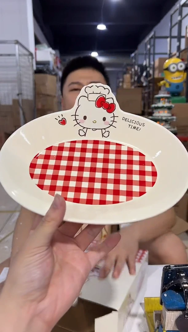 瓷片原盒kt猫红格子餐盘