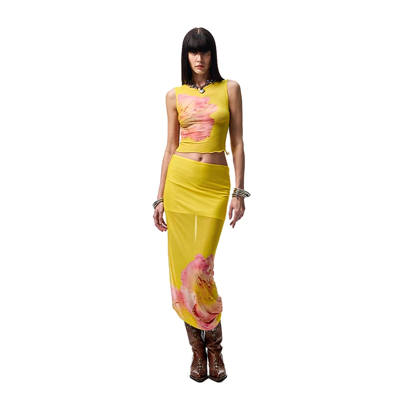 【迅猛龙同款】1JINN STUDIO 花卉印花烫钻网纱背心+裙