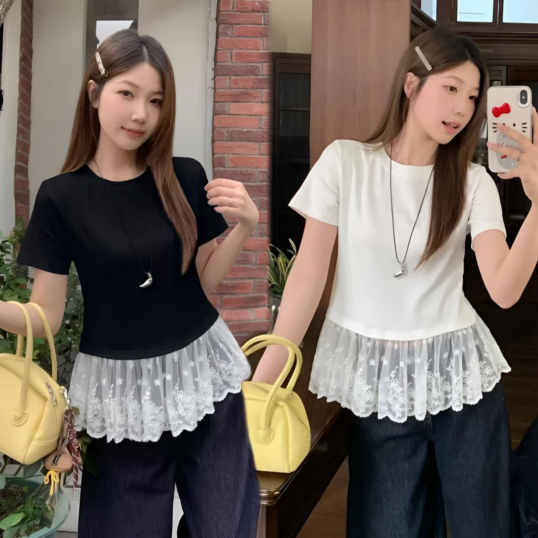 【现货】纯棉大码女装胖MM春夏新款法式芭蕾风蕾丝拼接短袖早春T恤