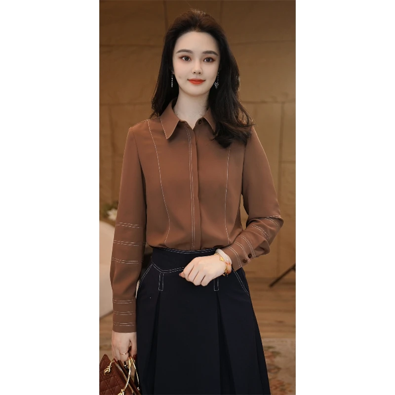 【婷婷甄选】流光风曼贝衬衫女士高级显瘦8591574摩卡棕气质衬衣