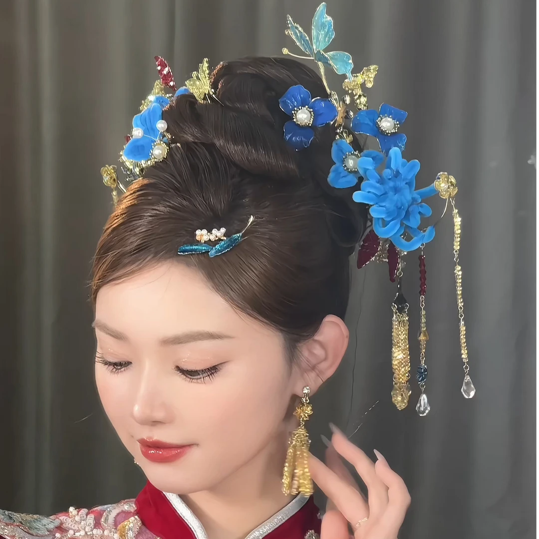 新娘头饰中国风蓝色复古步摇皇冠民族风宫廷边夹新娘087
