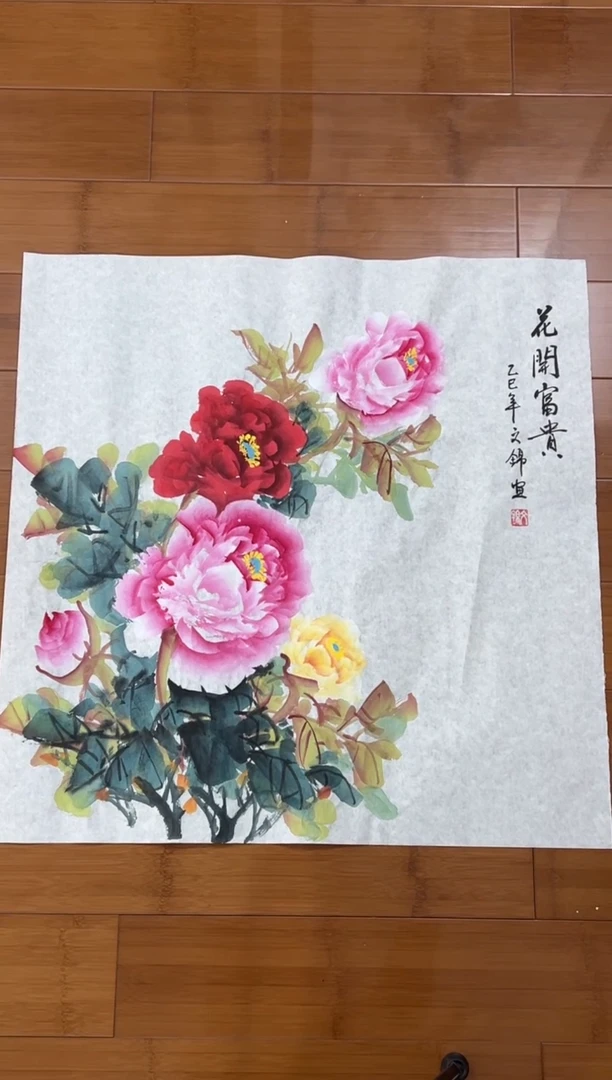 国画纯手工手绘张文锦牡丹斗方68*68