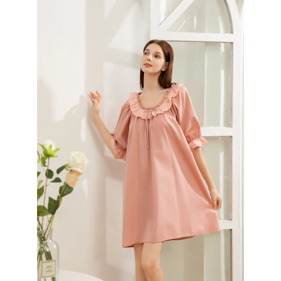 法式甜美纯棉家居服夏季新款带胸垫蕾丝大码薄款宽松中长款睡裙女