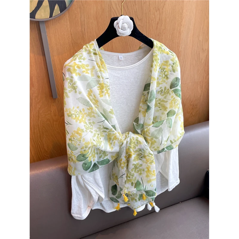 culv 夏新款黄花绿叶小清新防晒围巾女士柔软薄款空调房护颈披肩