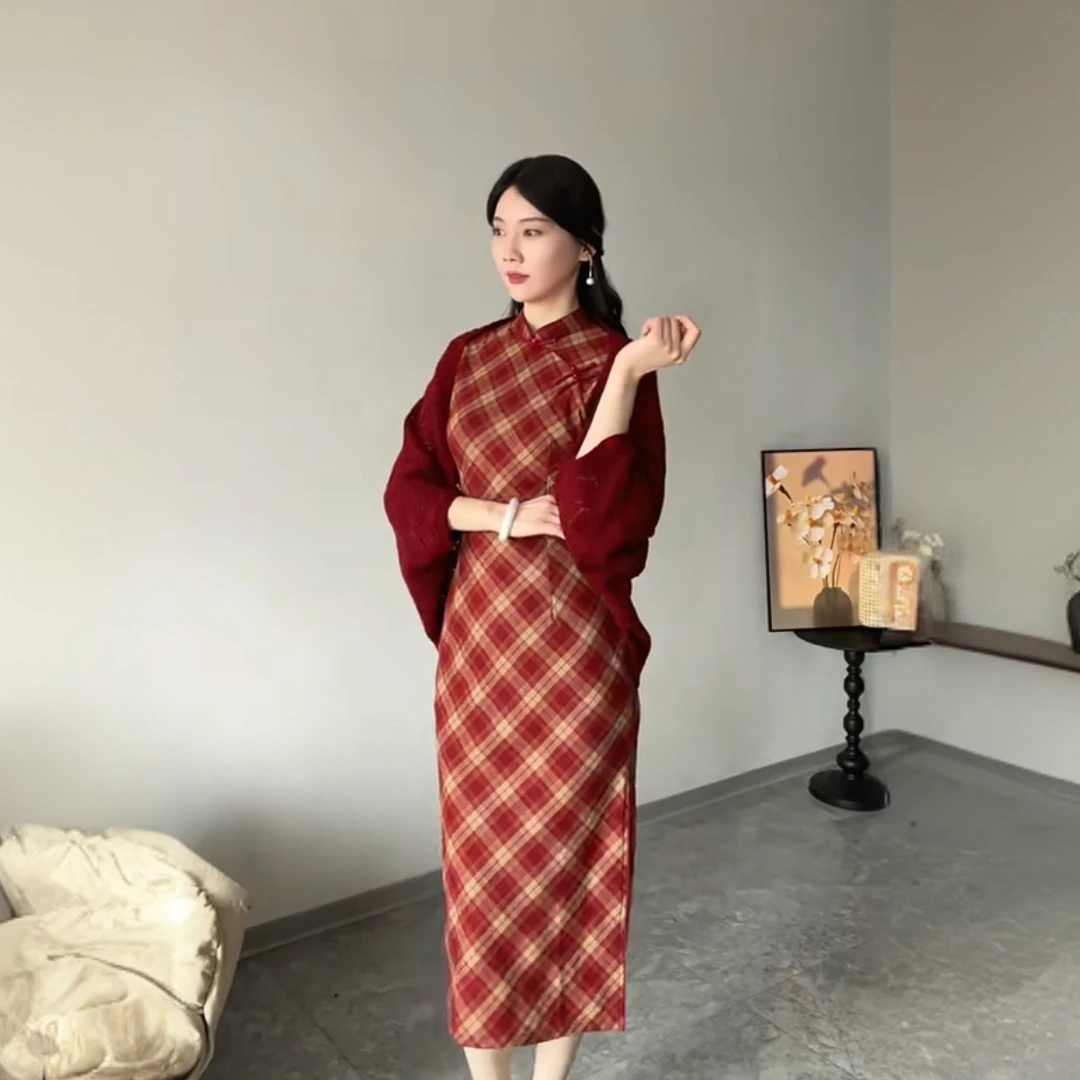 [槿颜]国风优雅格子旗袍年轻时尚新中式日常款显瘦复古中长款