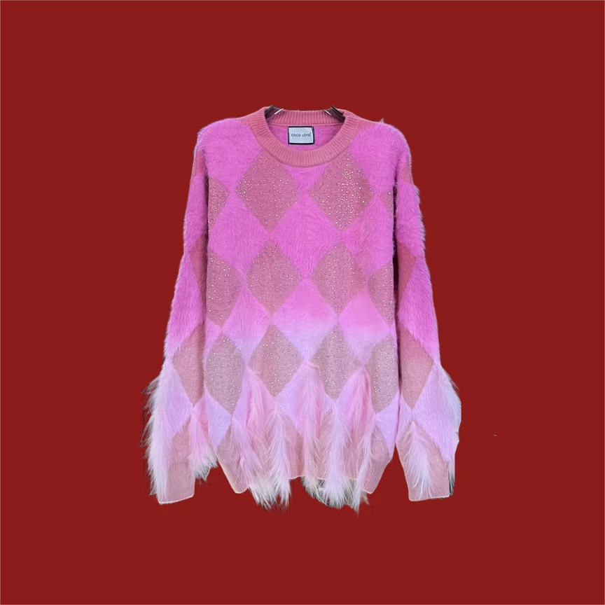 【利姐专属】网红针织时尚百搭宽松圆领秋冬渐变菱格毛衣