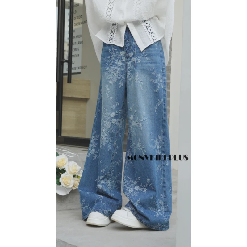 MoNvKiKiPlus2“花影“大码微胖重工提花做旧水洗牛仔阔腿裤#1129
