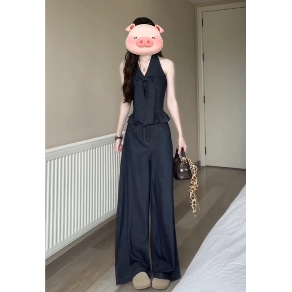 2025夏季新款美式复古辣妹风蝴蝶结挂脖背心上衣牛仔阔腿裤两件套