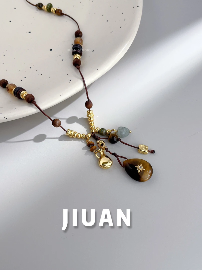 铜棉绳项链 小众高级感秋冬虎眼石项链轻奢精致编织毛衣链