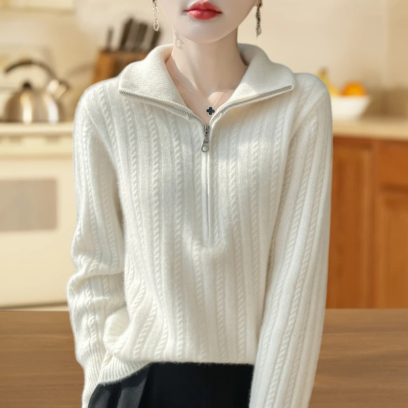 100%纯羊毛衫爆款半拉链半高领时尚减龄洋气厚款气质针织衫女