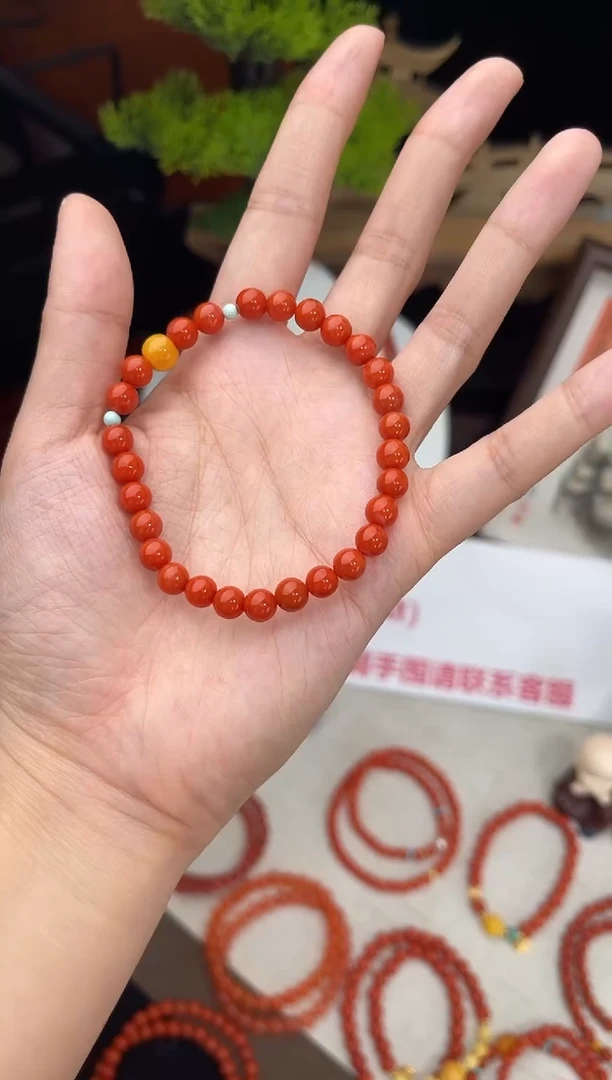 未镶嵌手串南红玛瑙柿子红满色满肉单圈蜜蜡QF-A422（多样性发一）