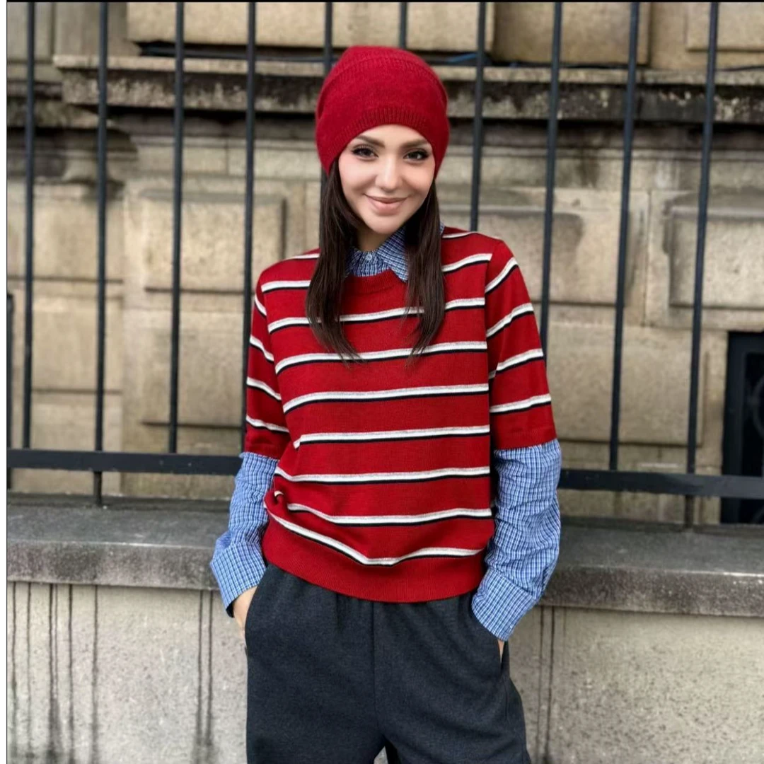 MUBINE 秋冬爆款先手宽松复古减龄条纹百搭假两件上衣 25234