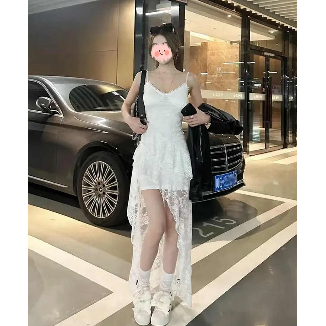 法式绝美不规则蕾丝吊带连衣裙女2025春夏小个子温柔风显瘦长裙子
