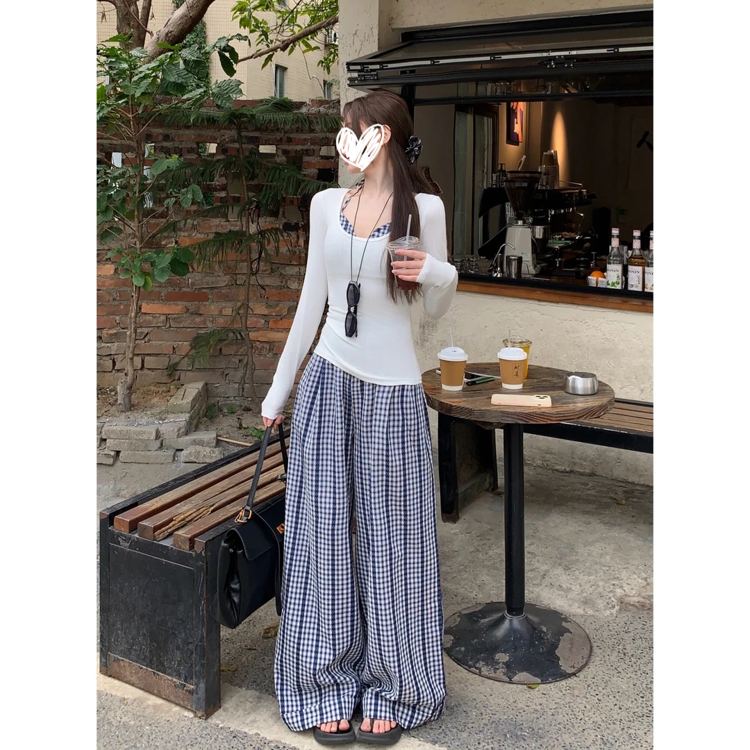 【涟漪风铃】格纹休闲裤子女春阔腿裤比基尼挂脖吊带上衣T恤8407