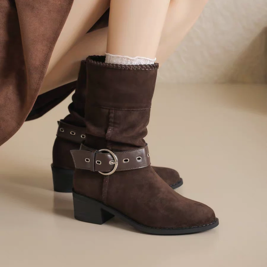 真皮复古风女西部牛仔靴尖头中筒骑士显瘦堆堆靴废土风8556A42