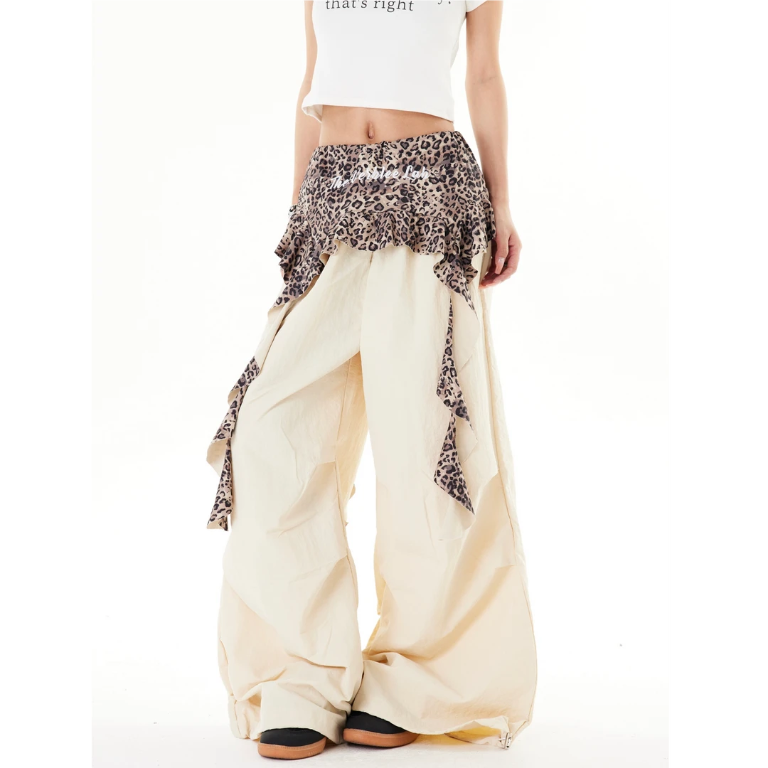 美式复古拼接豹纹褶皱伞兵裤女辣妹阔腿休闲裤爵士舞条纹裤子叠穿