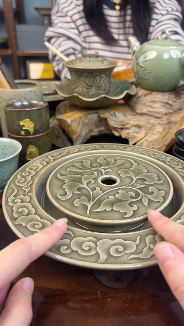 盘纯手工仿古煤烧祥云牡丹干泡台