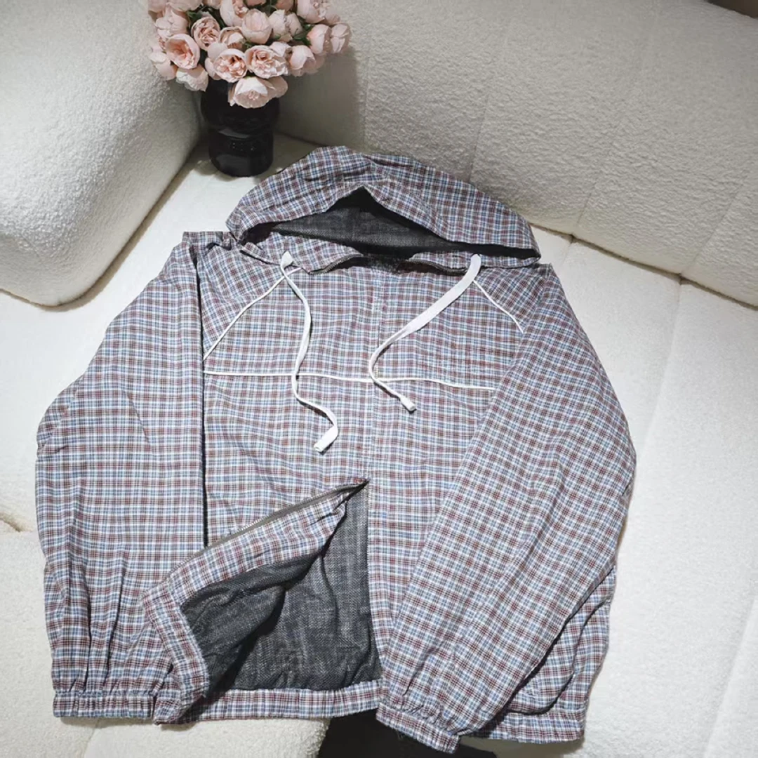 5513春款连帽格纹外套抽绳双开拉链设计韩版宽松外套