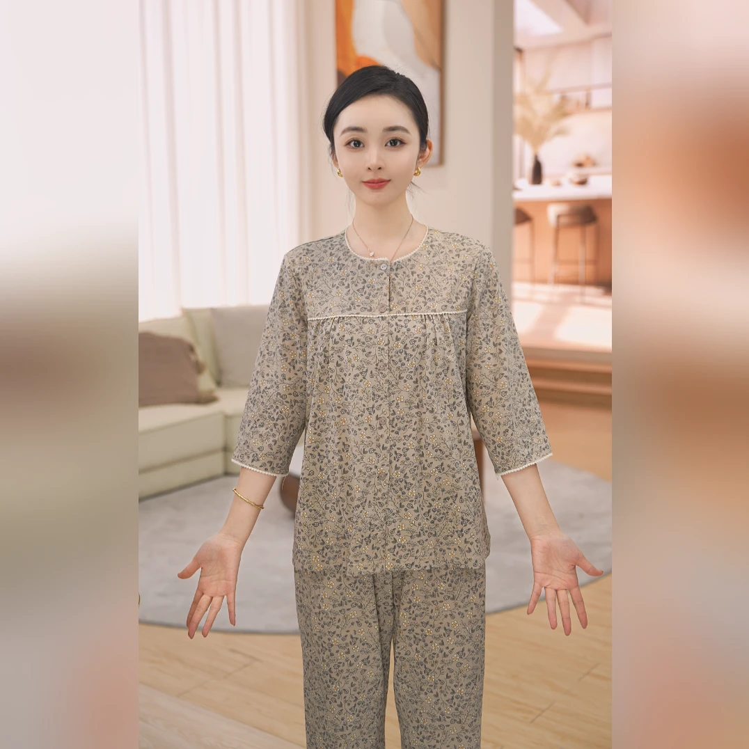 秋鹿【轻复古】纯棉家居服针织印花七分袖长裤女睡衣套夏服空调房
