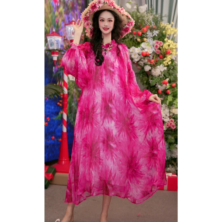 25新款法式设计师夏桑蚕丝气质宽松时尚长款女装连衣裙251D532