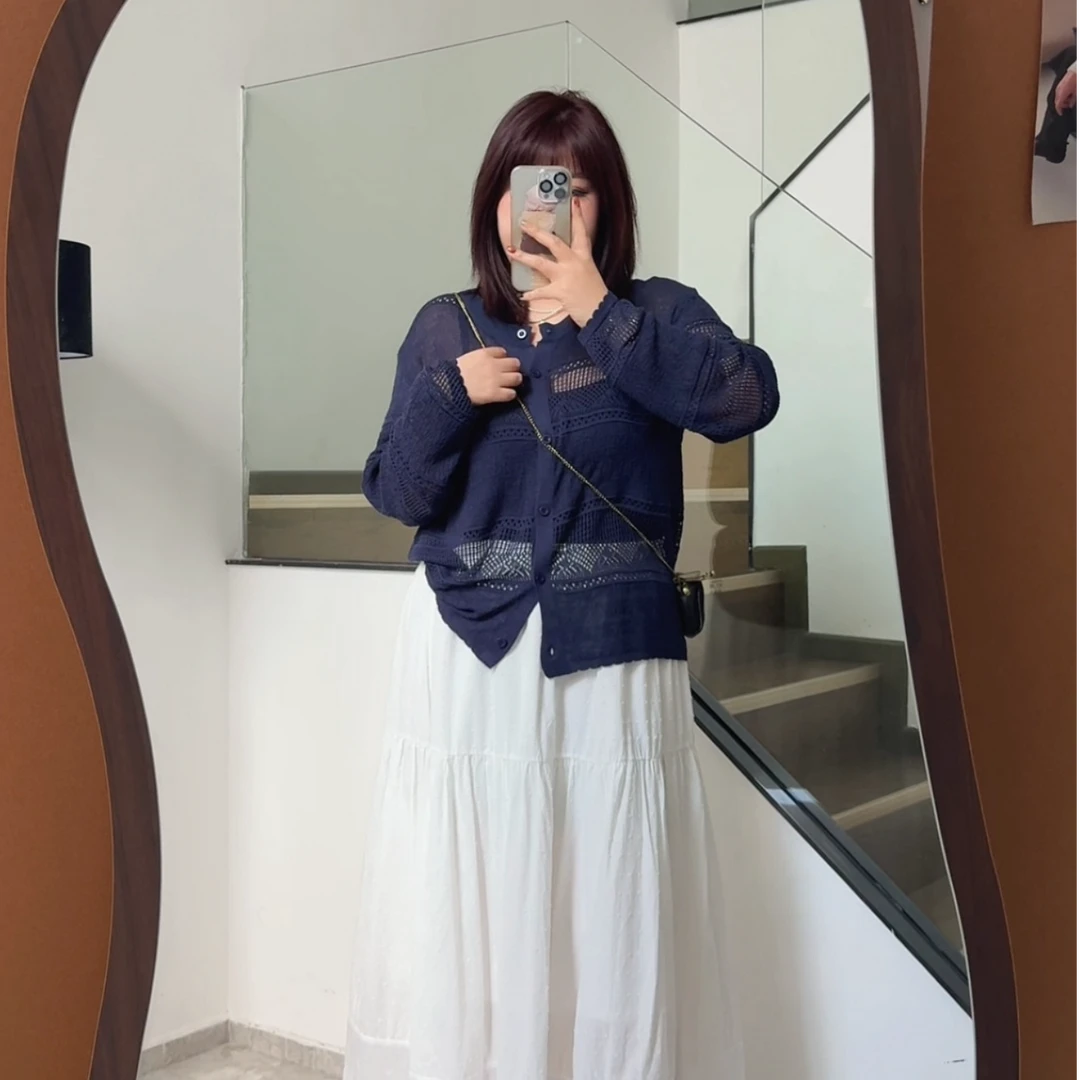 大码胖妹妹早秋新款显瘦韩系小清新重工钩花镂空设计长袖针织开衫