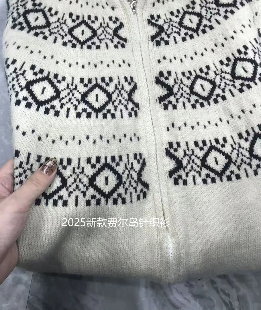 美式复古费尔岛翻领针织开衫毛衣女冬季新款短款外套时尚上衣K819